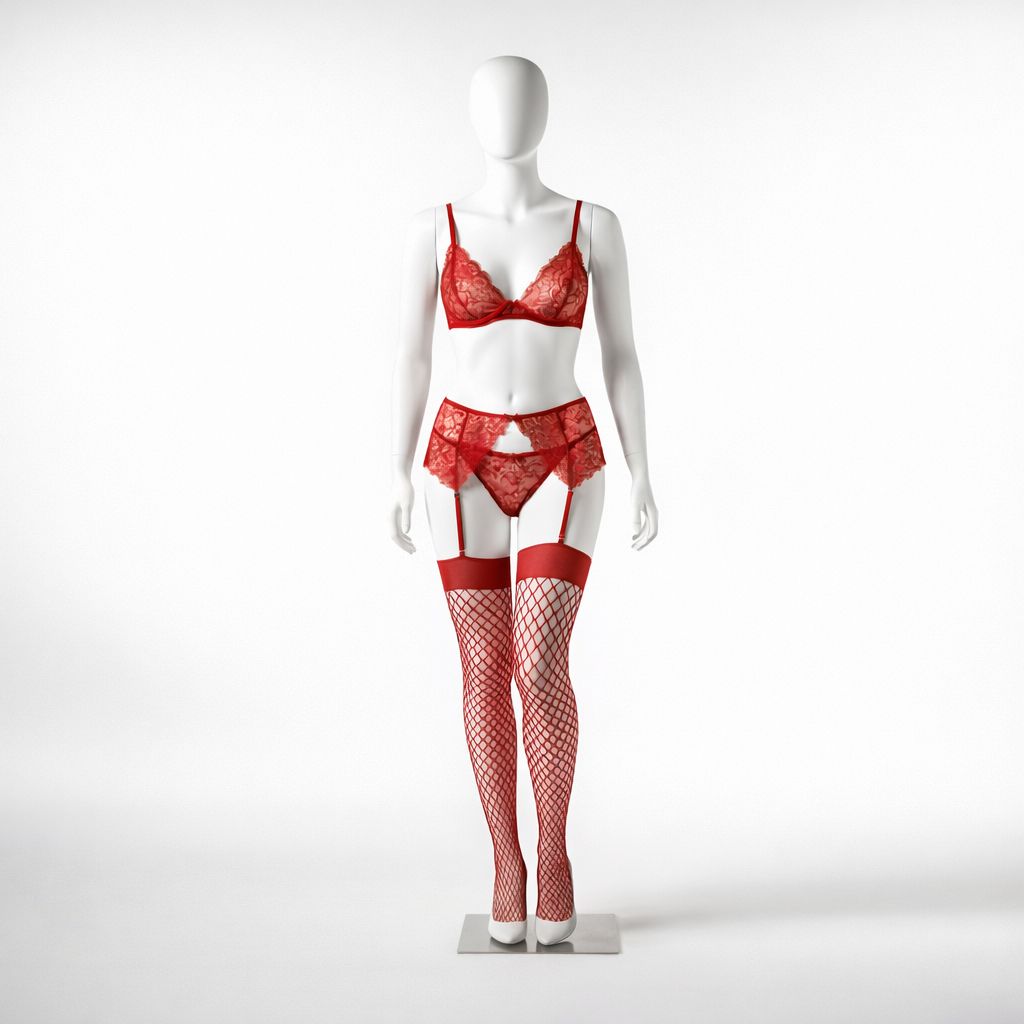 Conjunto de Lingerie em Renda Vermelha com Ligas